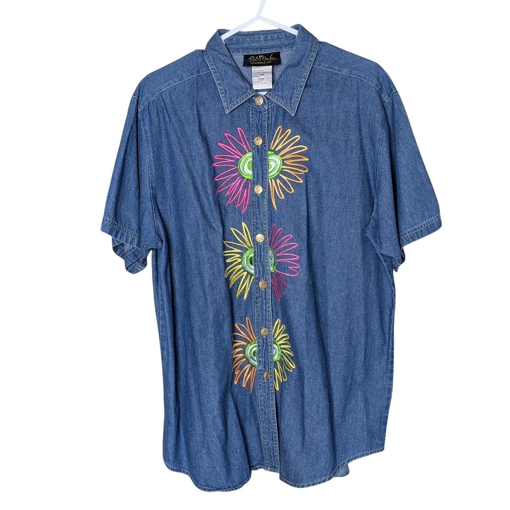 Vintage Bob Mackie Wearable Art Denim Shirt Embroidered Floral 90s Sz L festival